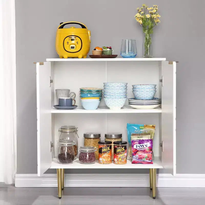 Meuble buffet blanc avec portes en relief et accents dorés, buffet en bois à 1 porte avec étagère