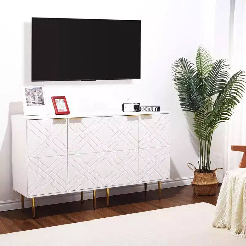 Meuble buffet blanc avec portes en relief et accents dorés, buffet en bois à 1 porte avec étagère