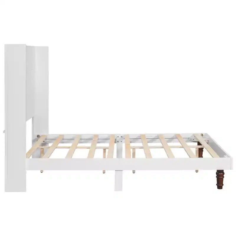 Cadre de lit plateforme beige/blanc avec tête de lit de 54 po, Grand lit/Très grand lit, pour 1 à 2 personnes