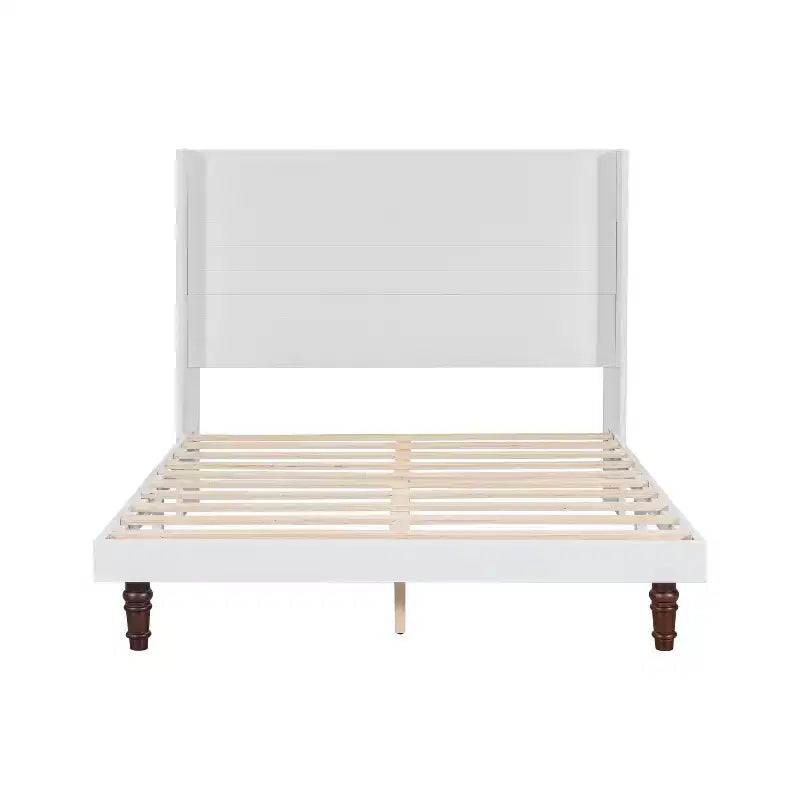 Cadre de lit plateforme beige/blanc avec tête de lit de 54 po, Grand lit/Très grand lit, pour 1 à 2 personnes