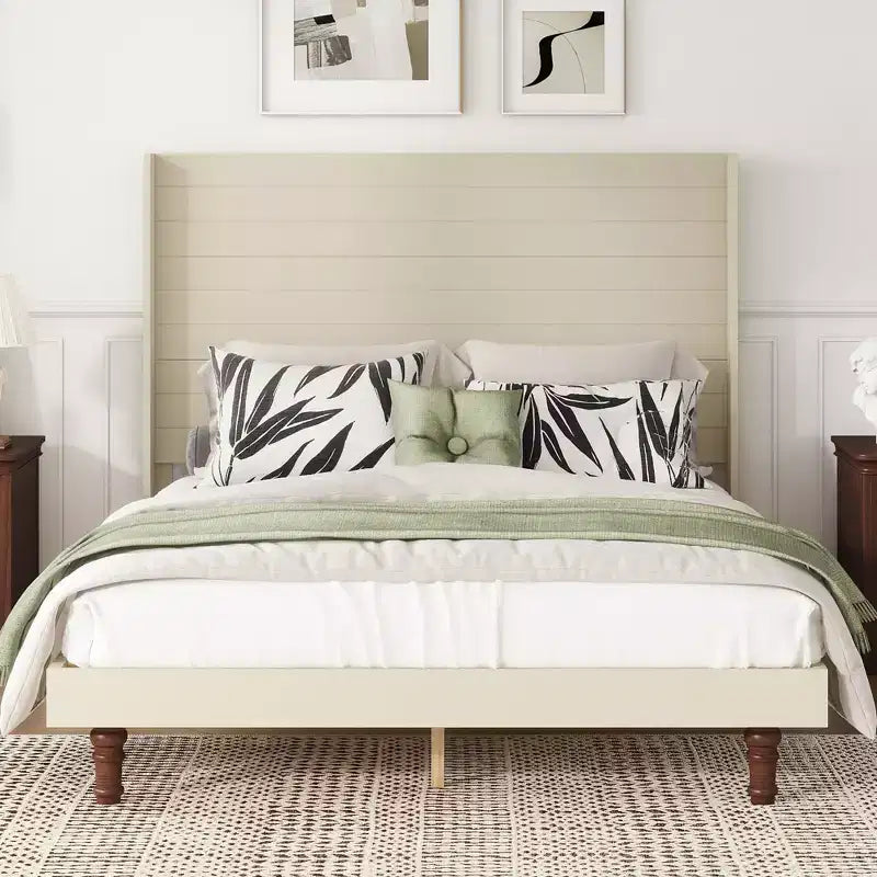 Cadre de lit plateforme beige/blanc avec tête de lit de 54 po, Grand lit/Très grand lit, pour 1 à 2 personnes