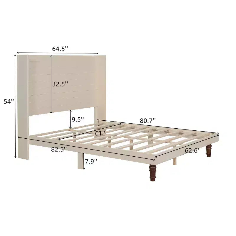 Beige/White Platform Bed Frame with 54" Headboard, Queen/King, for 1–2 People