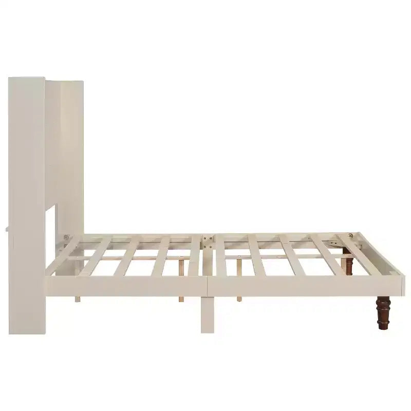 Beige/White Platform Bed Frame with 54" Headboard, Queen/King, for 1–2 People