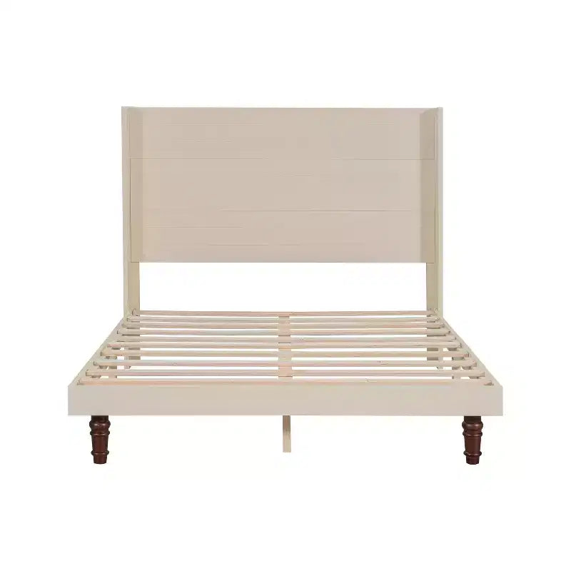 Beige/White Platform Bed Frame with 54" Headboard, Queen/King, for 1–2 People