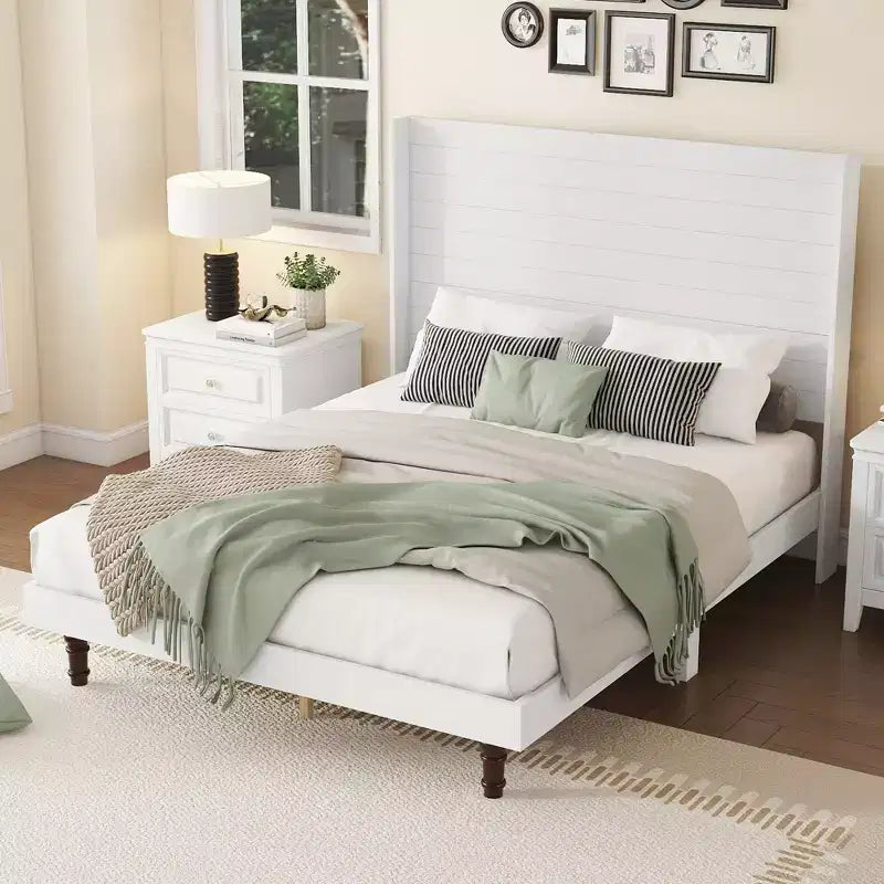 Cadre de lit plateforme beige/blanc avec tête de lit de 54 po, Grand lit/Très grand lit, pour 1 à 2 personnes