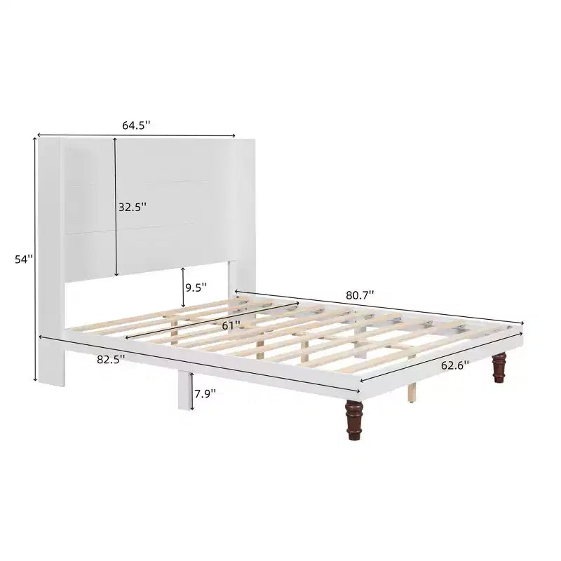 Cadre de lit plateforme beige/blanc avec tête de lit de 54 po, Grand lit/Très grand lit, pour 1 à 2 personnes