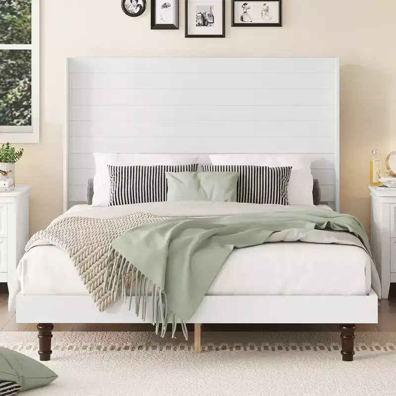 Beige/White Platform Bed Frame with 54" Headboard, Queen/King, for 1–2 People