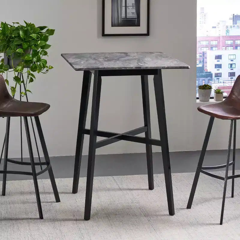 Table de bar carrée 2 personnes, plateau Ciment Gris / Gris+Noir / Noyer, 4 pieds