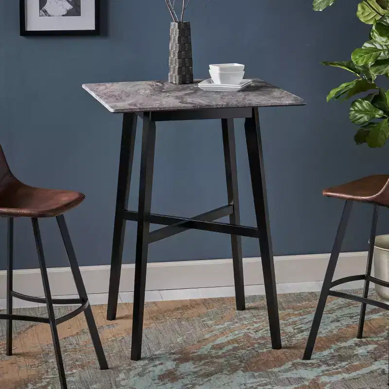 Table de bar carrée 2 personnes, plateau Ciment Gris / Gris+Noir / Noyer, 4 pieds