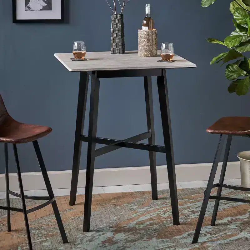 Table de bar carrée 2 personnes, plateau Ciment Gris / Gris+Noir / Noyer, 4 pieds