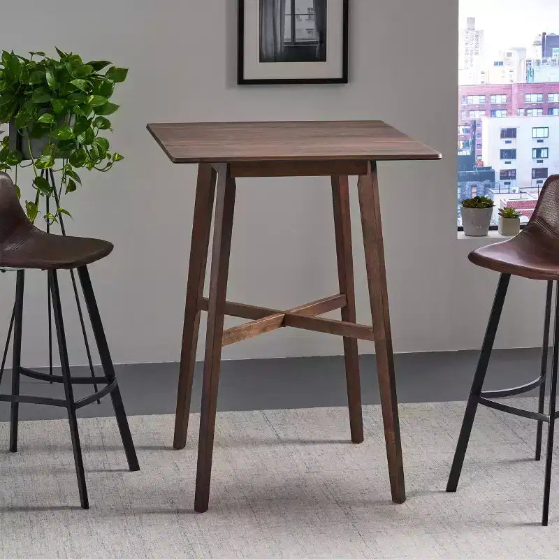 Table de bar carrée 2 personnes, plateau Ciment Gris / Gris+Noir / Noyer, 4 pieds