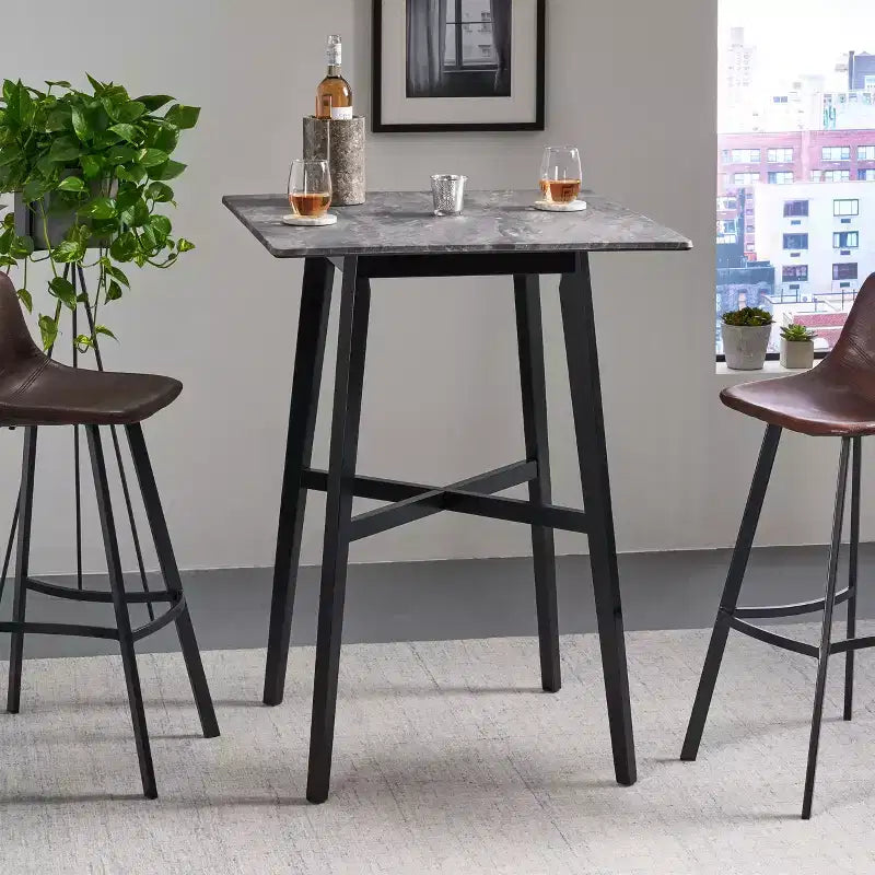 Table de bar carrée 2 personnes, plateau Ciment Gris / Gris+Noir / Noyer, 4 pieds