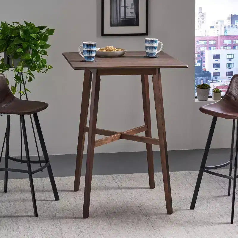 Table de bar carrée 2 personnes, plateau Ciment Gris / Gris+Noir / Noyer, 4 pieds