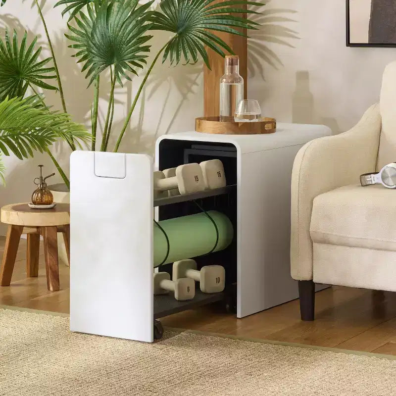 Support de rangement à roulettes noir / chêne / blanc pour équipements de sport, métal et MDF, rangement au sol