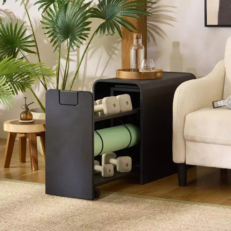 Support de rangement à roulettes noir / chêne / blanc pour équipements de sport, métal et MDF, rangement au sol