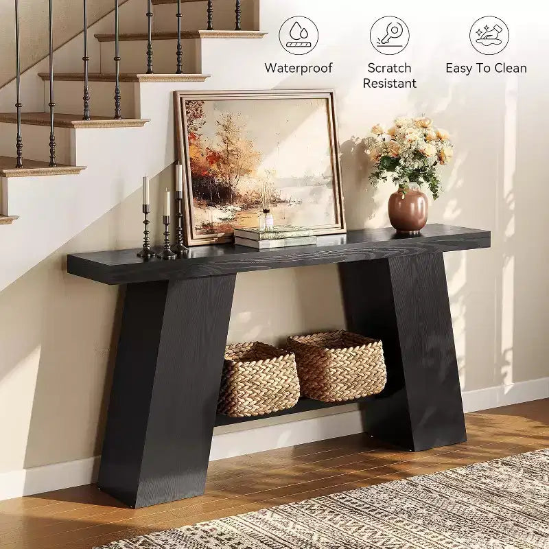 Console trapèze noire, style moderne, monobloc