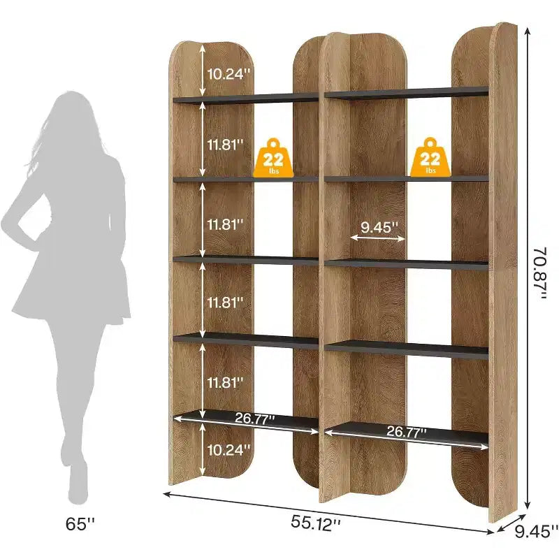 Bibliothèque double largeur à 5 niveaux, noire/marron, étagères ouvertes, pour 1 personne