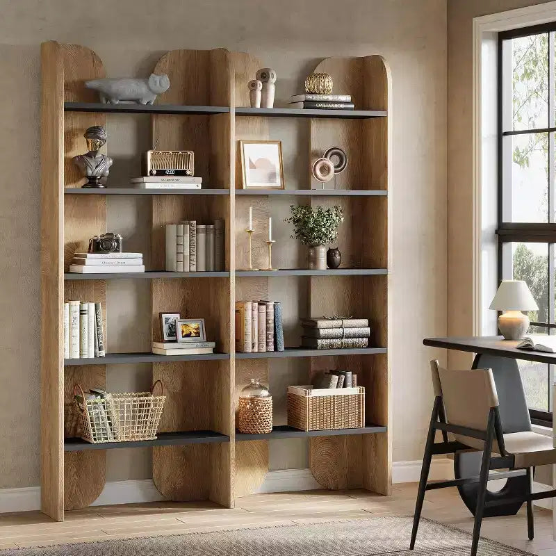 Bibliothèque double largeur à 5 niveaux, noire/marron, étagères ouvertes, pour 1 personne