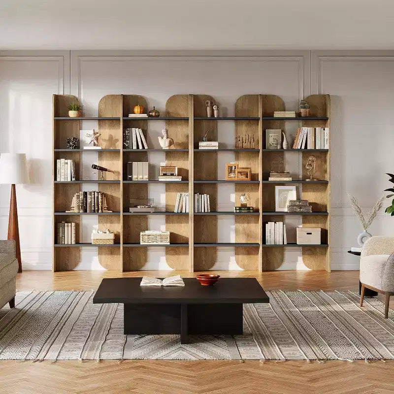 Bibliothèque double largeur à 5 niveaux, noire/marron, étagères ouvertes, pour 1 personne