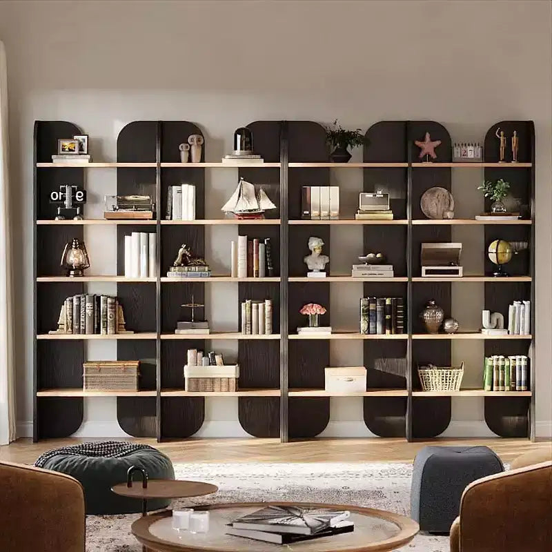 Bibliothèque double largeur à 5 niveaux, noire/marron, étagères ouvertes, pour 1 personne