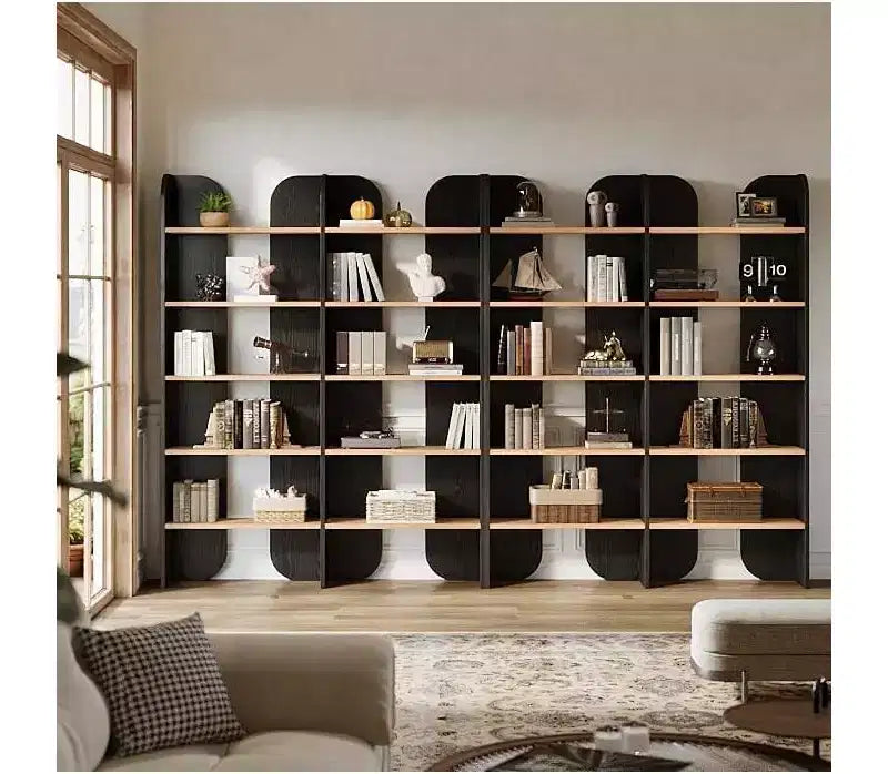 Bibliothèque double largeur à 5 niveaux, noire/marron, étagères ouvertes, pour 1 personne