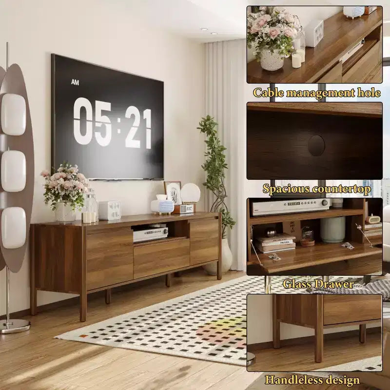 Meuble TV moderne en bois naturel, style minimaliste, convient aux téléviseurs jusqu'à 70 pouces