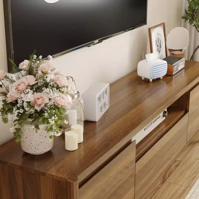 Meuble TV moderne en bois naturel, style minimaliste, convient aux téléviseurs jusqu'à 70 pouces