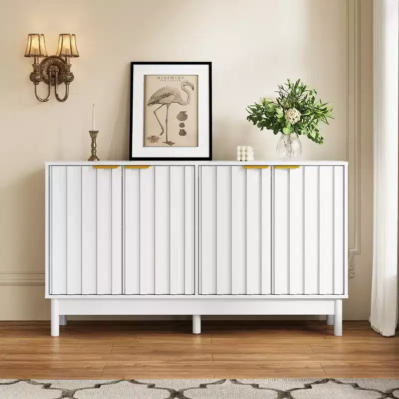 Buffet / Bahut noir et blanc cannelé avec 4 portes et étagères réglables, 140 cm