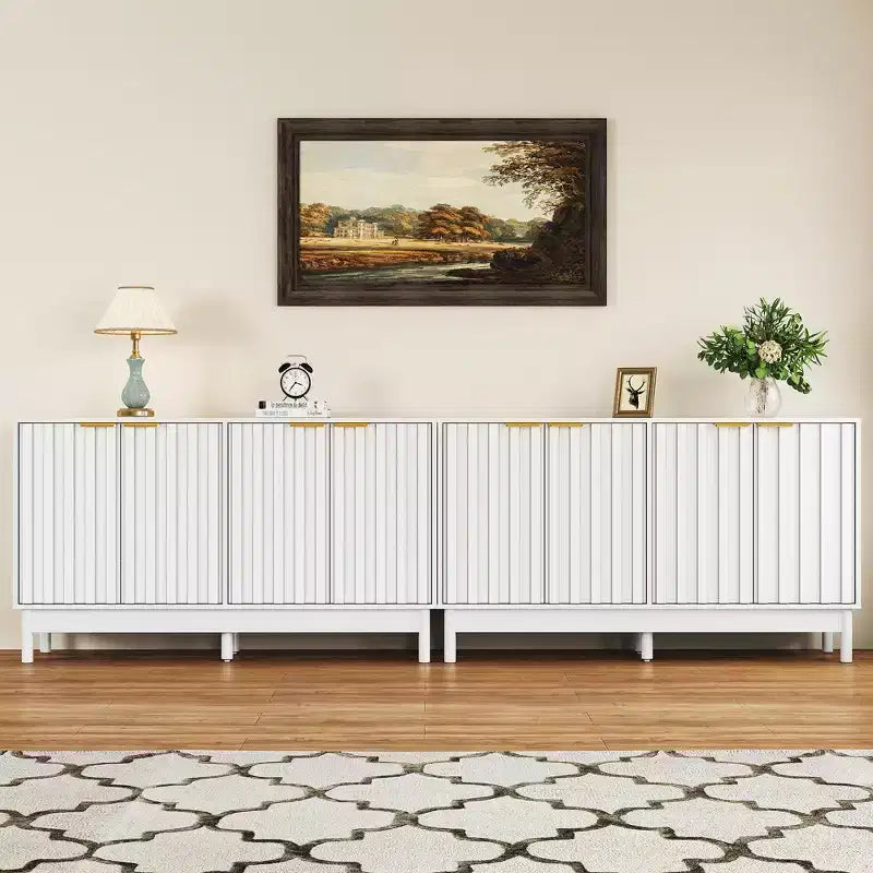 Buffet / Bahut noir et blanc cannelé avec 4 portes et étagères réglables, 140 cm