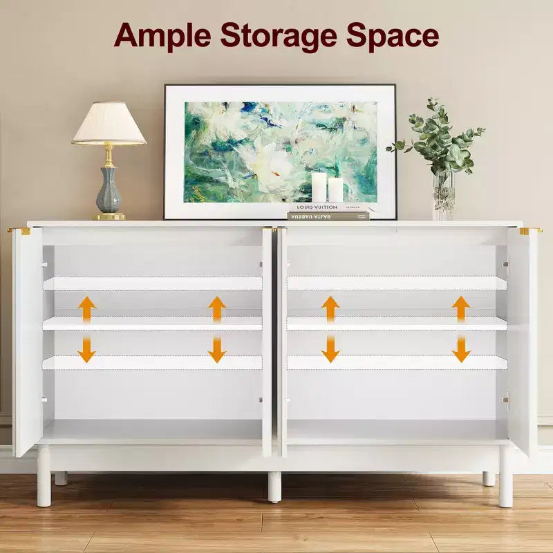 Buffet / Bahut noir et blanc cannelé avec 4 portes et étagères réglables, 140 cm