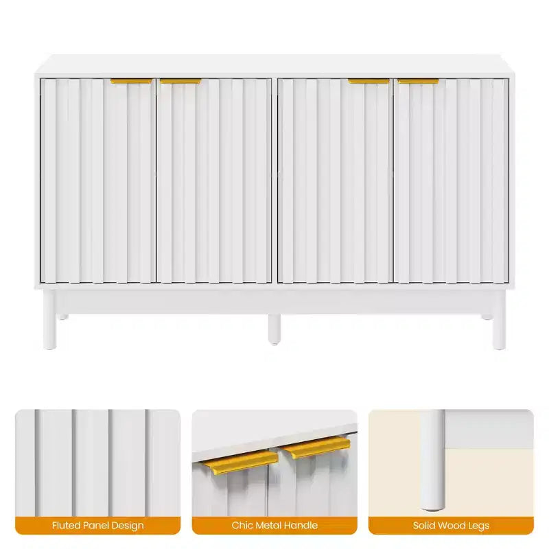 Buffet / Bahut noir et blanc cannelé avec 4 portes et étagères réglables, 140 cm