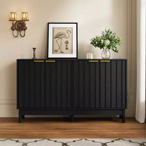 Buffet / Bahut noir et blanc cannelé avec 4 portes et étagères réglables, 140 cm