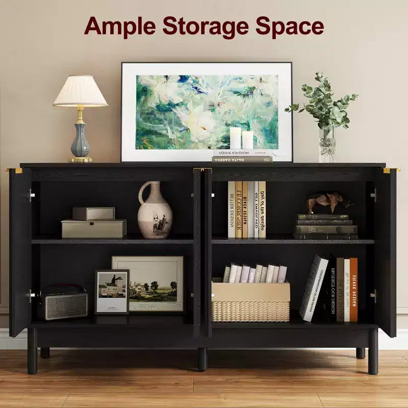 Buffet / Bahut noir et blanc cannelé avec 4 portes et étagères réglables, 140 cm