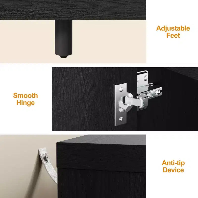 Buffet / Bahut noir et blanc cannelé avec 4 portes et étagères réglables, 140 cm