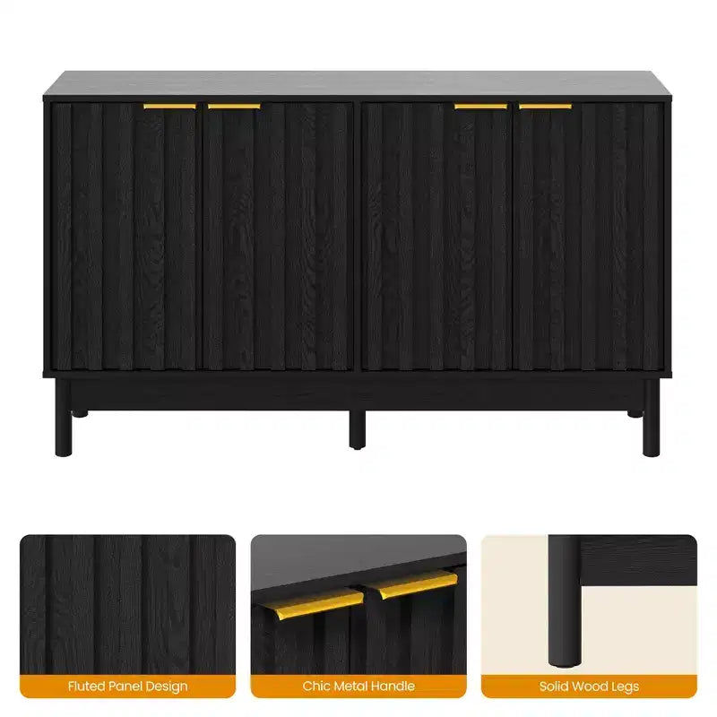 Buffet / Bahut noir et blanc cannelé avec 4 portes et étagères réglables, 140 cm