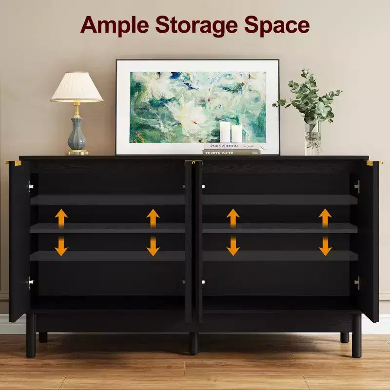 Buffet / Bahut noir et blanc cannelé avec 4 portes et étagères réglables, 140 cm