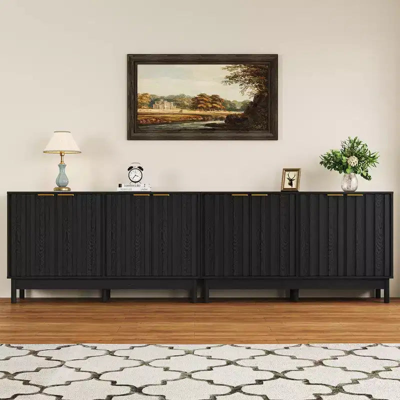 Buffet / Bahut noir et blanc cannelé avec 4 portes et étagères réglables, 140 cm