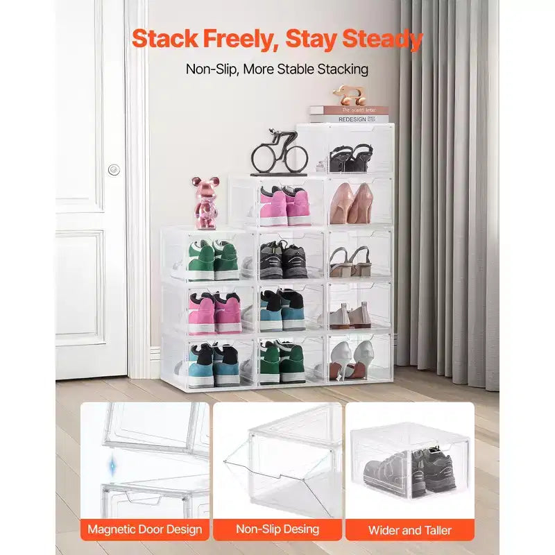 Boîtes à chaussures empilables transparentes, lot de 12, porte magnétique