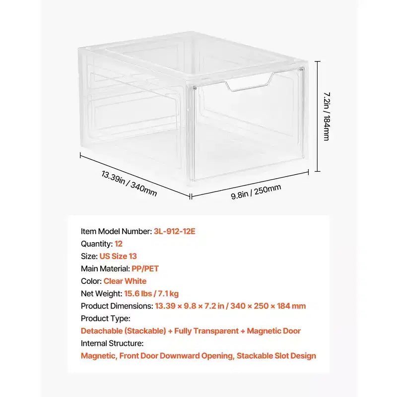 Boîtes à chaussures empilables transparentes, lot de 12, porte magnétique