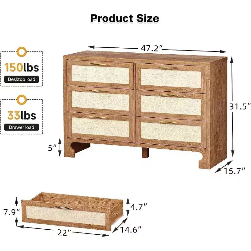 Natural Burlap & Wood 6-Drawer Dresser, Single, Mid-Century Style