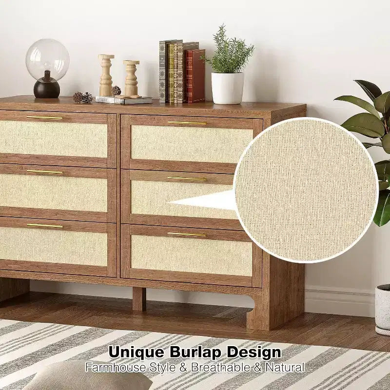 Natural Burlap & Wood 6-Drawer Dresser, Single, Mid-Century Style