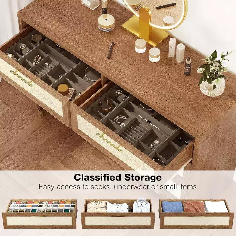 Natural Burlap & Wood 6-Drawer Dresser, Single, Mid-Century Style