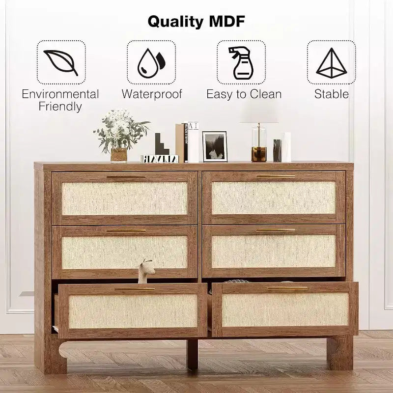 Commode 6 tiroirs en toile de jute naturelle et bois, simple, style Mid-Century