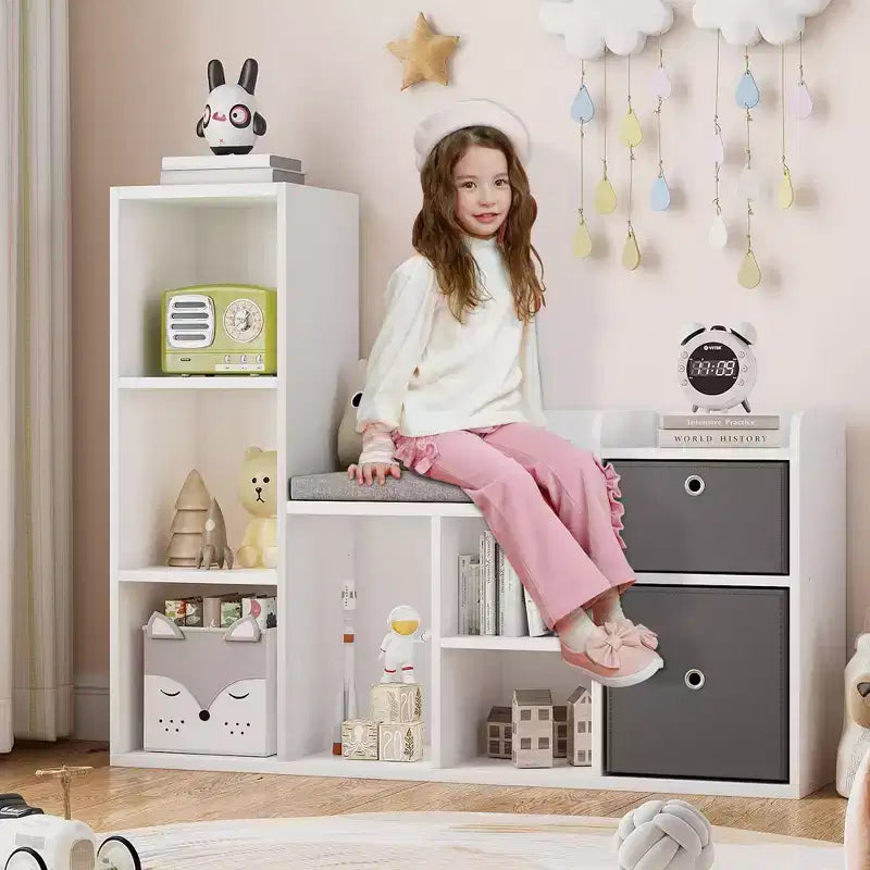Étagère à livres pour enfants 3-en-1 blanche avec coussin de siège, pour 1 enfant