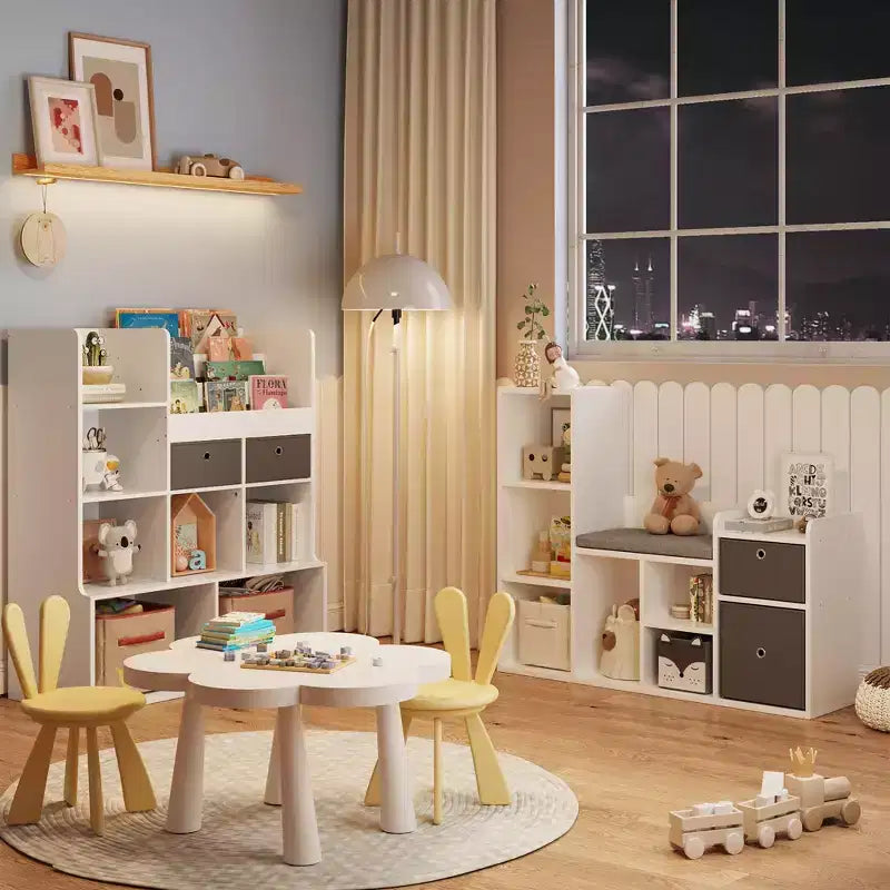 Étagère à livres pour enfants 3-en-1 blanche avec coussin de siège, pour 1 enfant