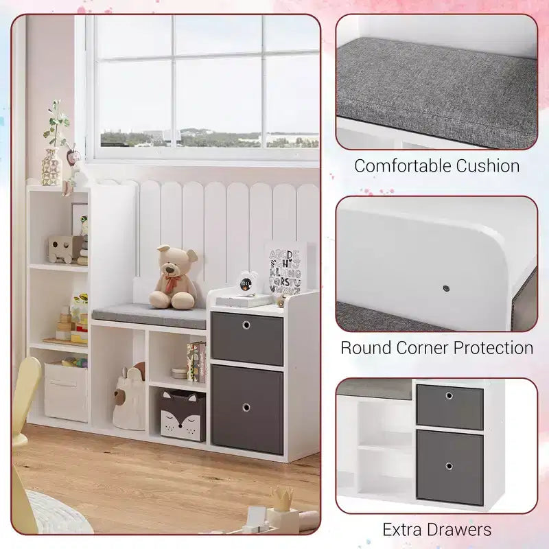 Étagère à livres pour enfants 3-en-1 blanche avec coussin de siège, pour 1 enfant