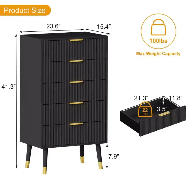 Black Fluted 5-Drawer Dresser, Single-Person Assembly