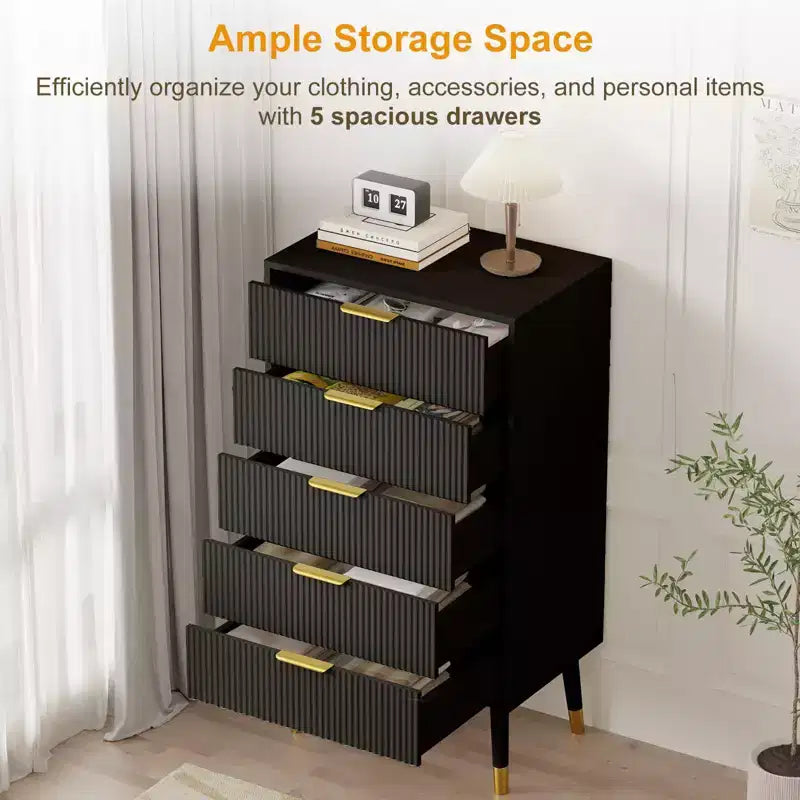 Black Fluted 5-Drawer Dresser, Single-Person Assembly