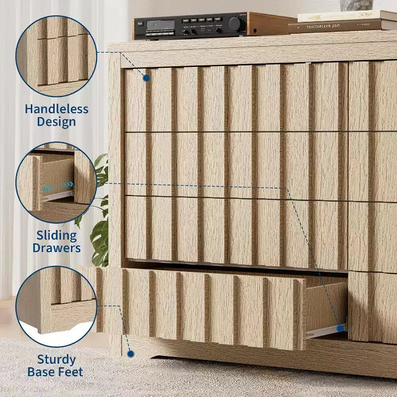 Commode brune en bois cannelé sans poignée à 8 tiroirs pour 1 personne