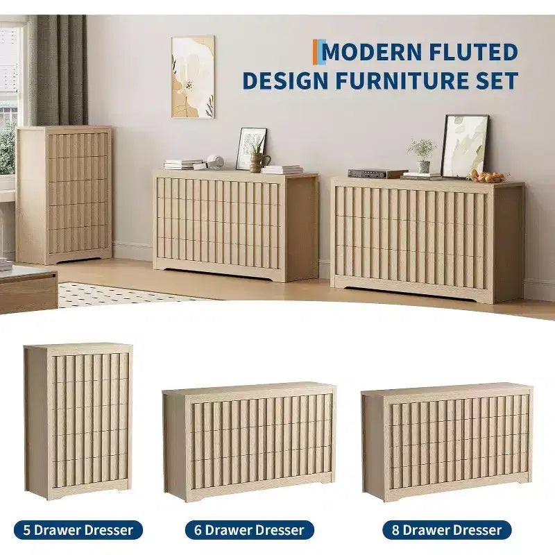 Brown Wood Fluted Handleless 8-Drawer Dresser for 1 Person